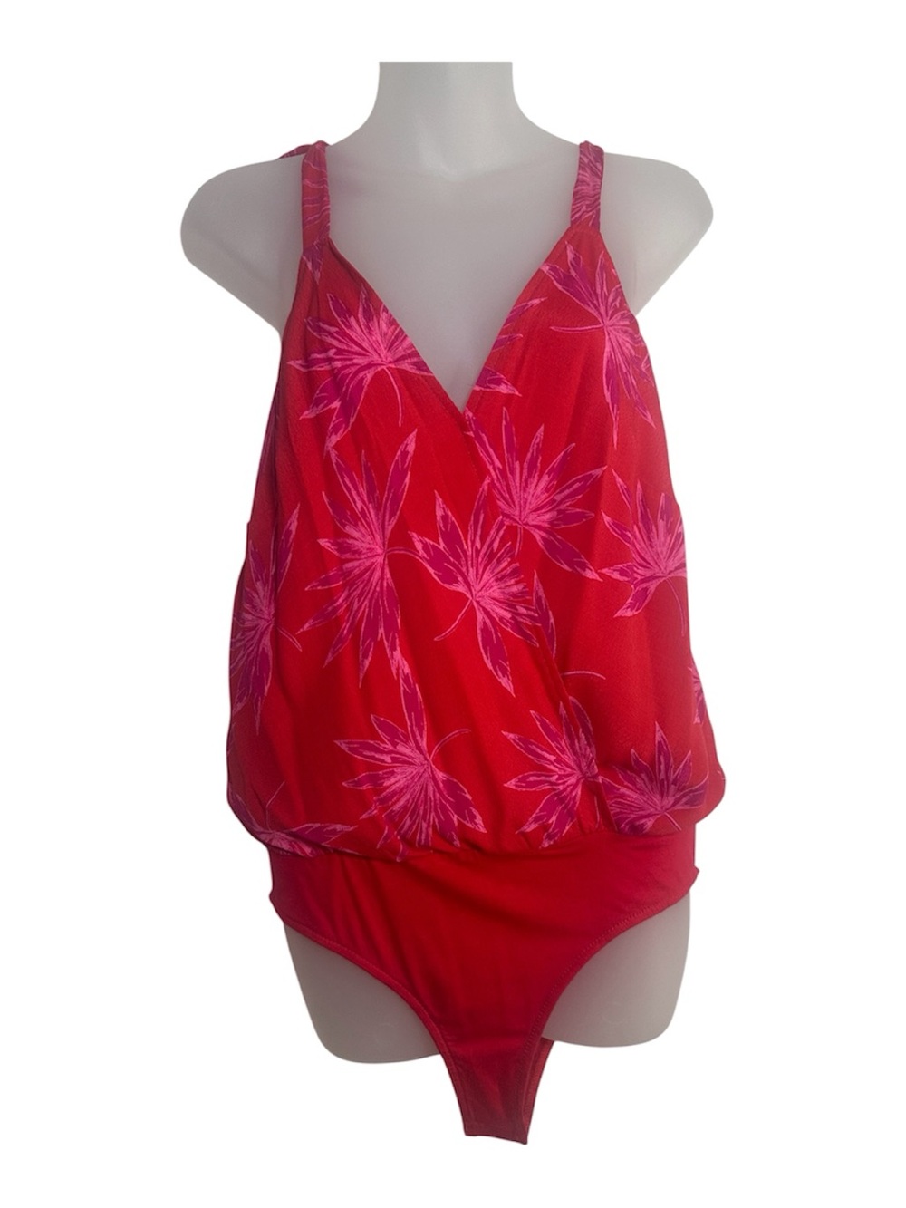 4SIENNA Bohemian Red Tropical Wrap Blouson Bodysuit Adjustable Straps Women’s M